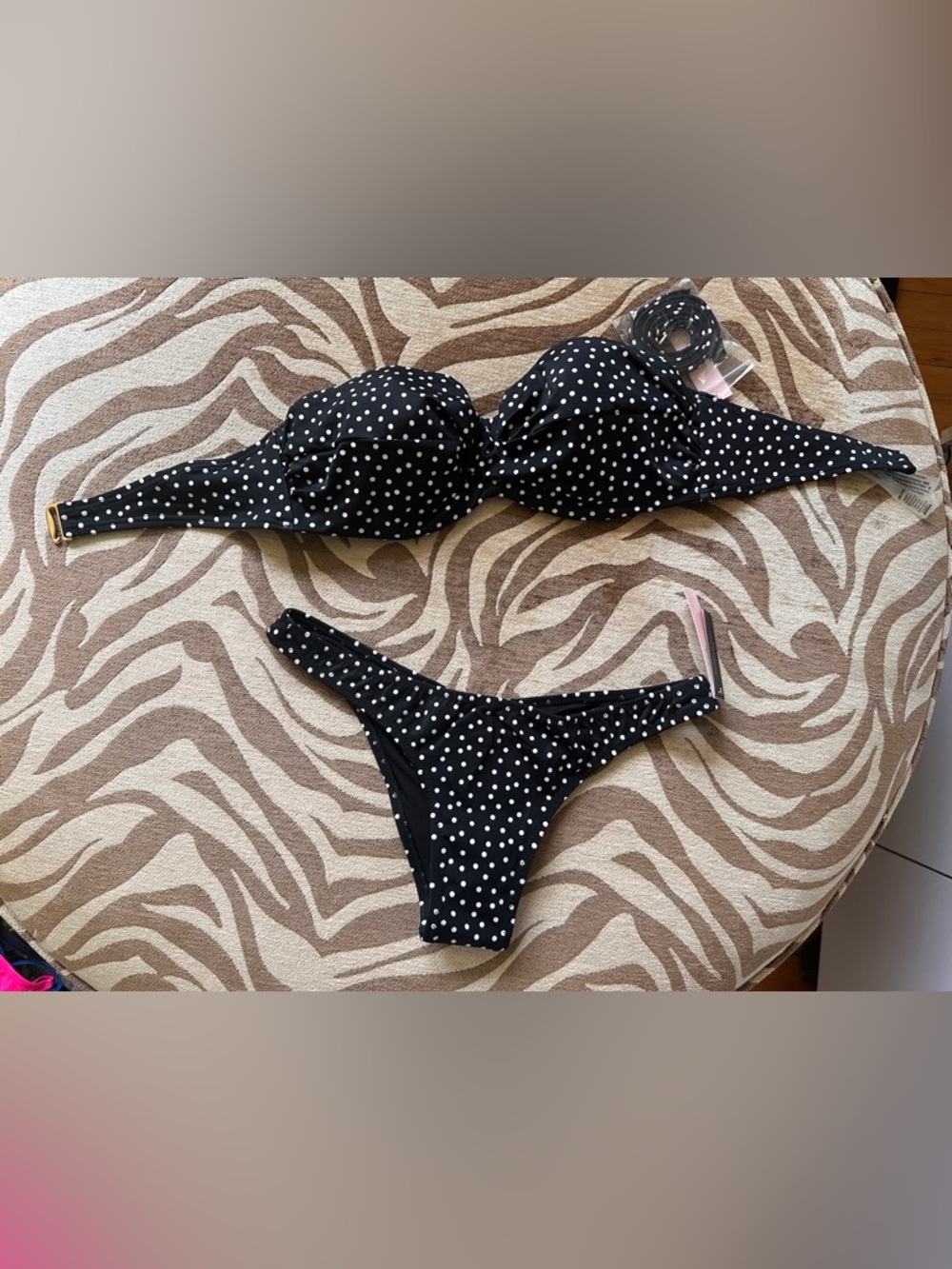 Victoria's Secret Black and White Polka Dot Bikini Set 34D & Small Bottom NWT